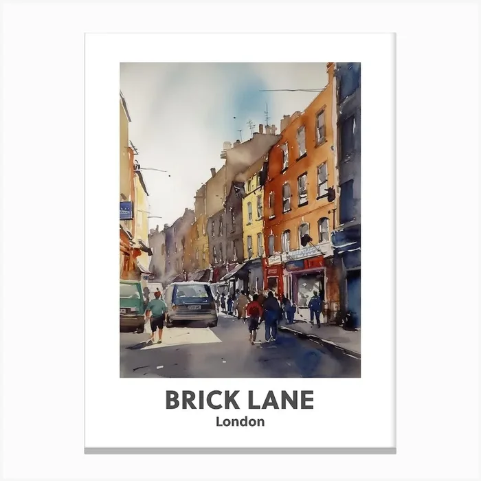 Brick Lane, London 3 Watercolour Travel Poster Canvas Print by Fusion Designs