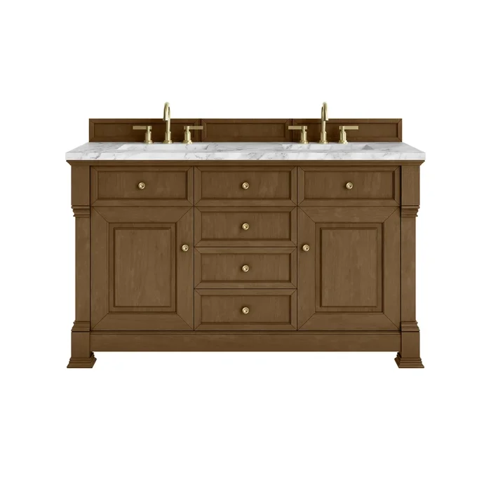 Brookfield 60 ” Double Vanity, Honey Oak w/3 CM Carrara White Marble Top