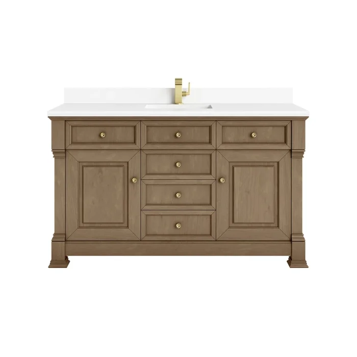 Brookfield 60 ” Single Vanity, Pecan w/ Single Hole 3CM White Zeus Silestone® Top & Backsplash