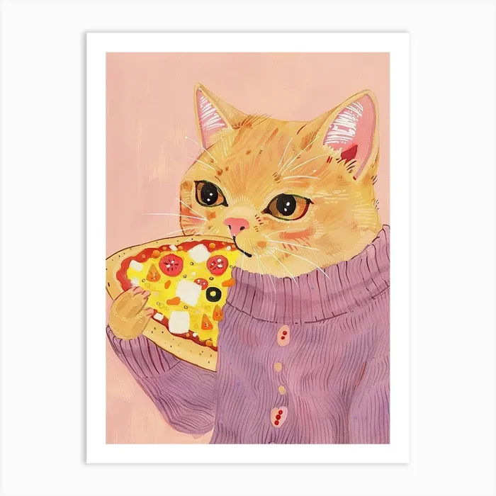Brown Cat Pizza Lover Folk Illustration 4 Art Print by Purrfect Plates