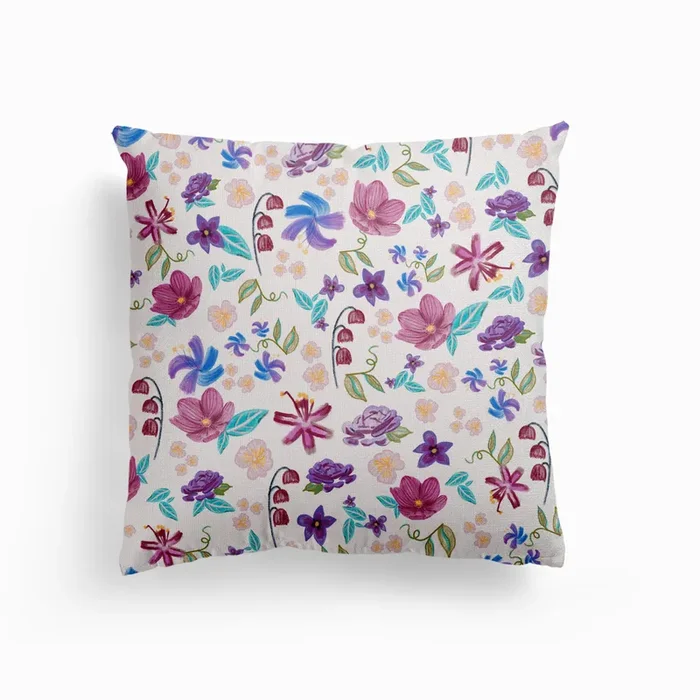 Brushed Florals Colorful Gouache Paint Meadow Flowers Floral Pattern White Background Canvas Cushion by Gulsen Gunel