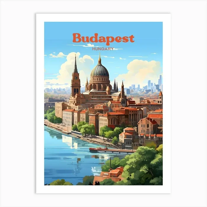 Budapest Hungary Parliament Building Modern Travel Illustration Art Print by Wanderscape Travel Art