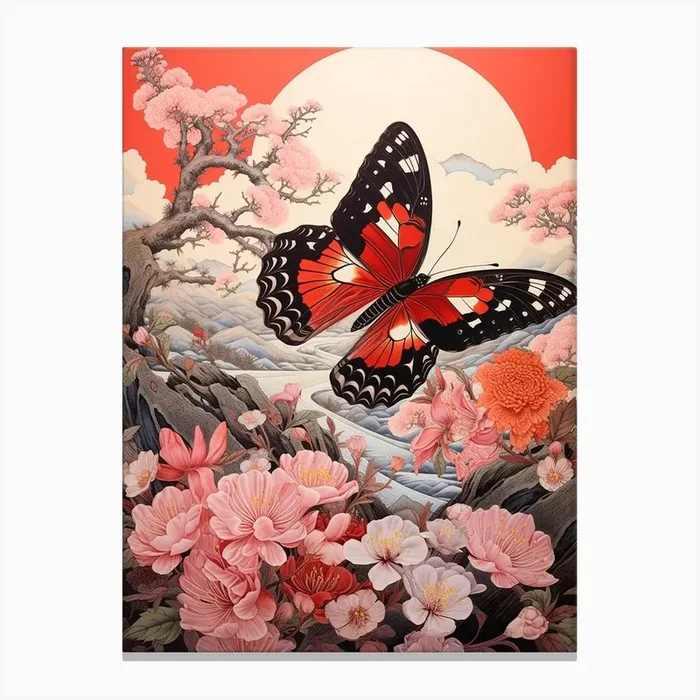 Butterflies By The River Japanese Style Painting 6 Canvas Print by Whimsical Meadows