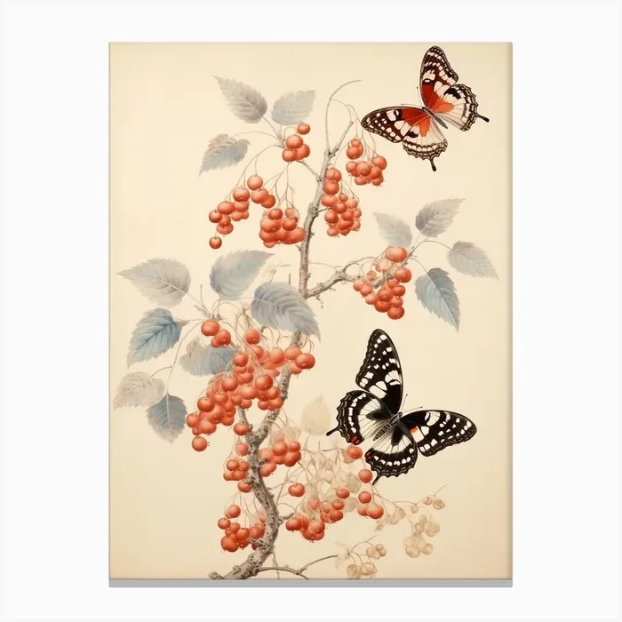 Butterflies In The Branches Japanese Style Painting 1 Canvas Print by Whimsical Meadows