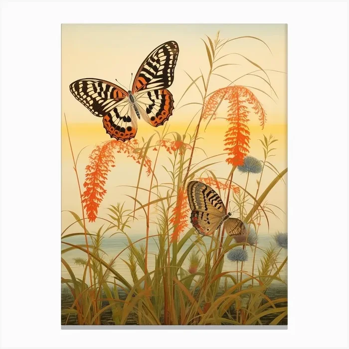 Butterflies In The Grass Japanese Style Painting 3 Canvas Print by Whimsical Meadows