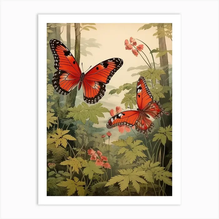 Butterflies In The Woodland Japanese Style Painting 3 Art Print by Whimsical Meadows
