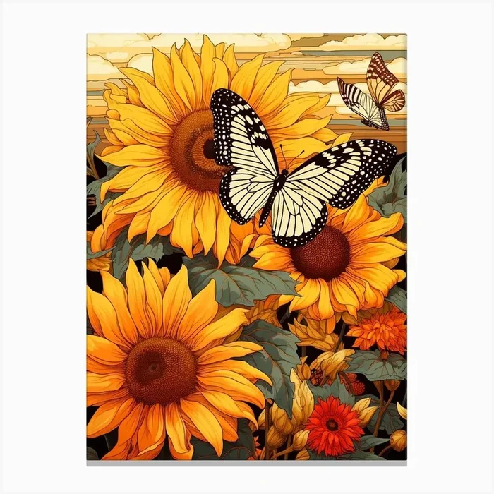 Butterflies With Sunflowers 1 Canvas Print by Whimsical Meadows