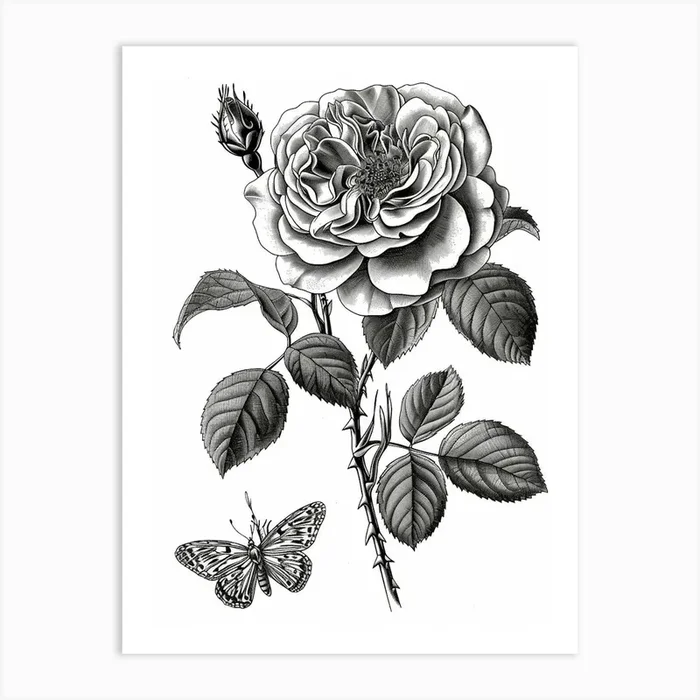 Butterfly Rose Line Drawing 2 Art Print by Petal Pigments