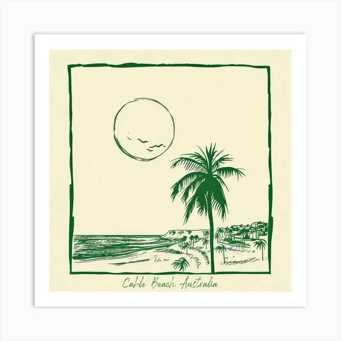 Cable Beach, Australia Green Line Art Illustration Art Print by Dreamy Seasons Art