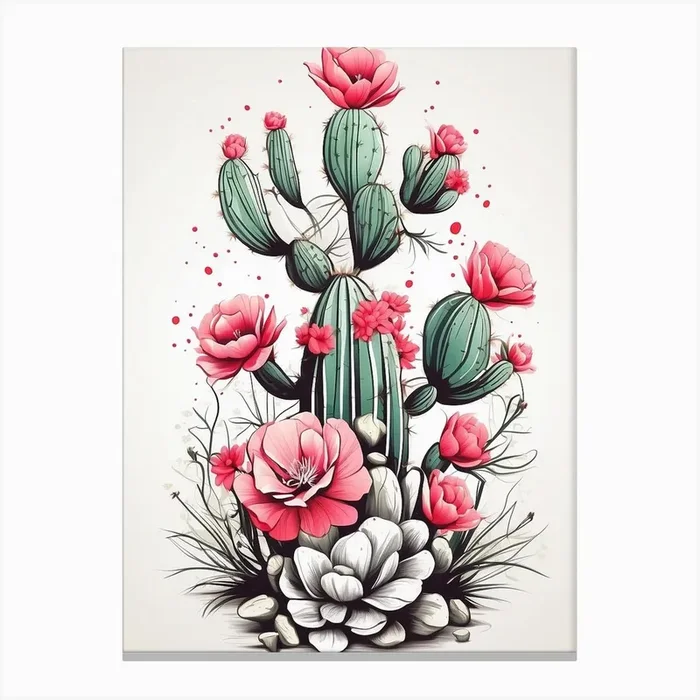 Cactus And Flowers Canvas Print by Art shop