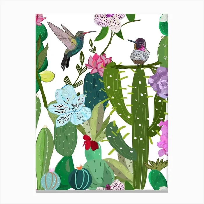 Cactus Succulents Bird Canvas Print by Gulsen Gunel