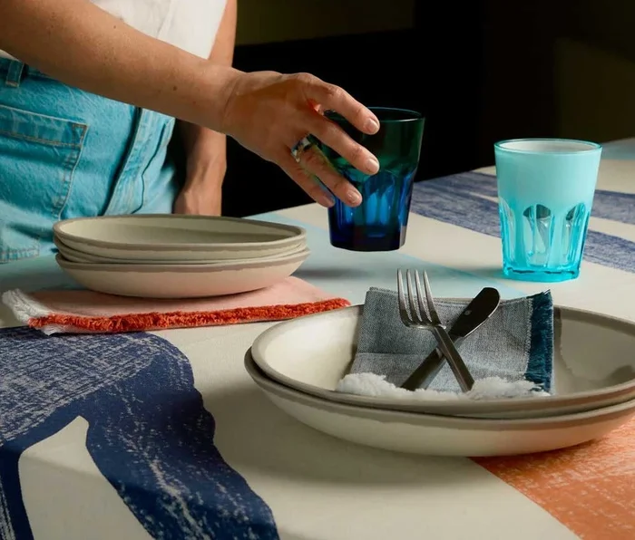 Canvas Stamped Abstract Brushstrokes Cotton Tablecloth
