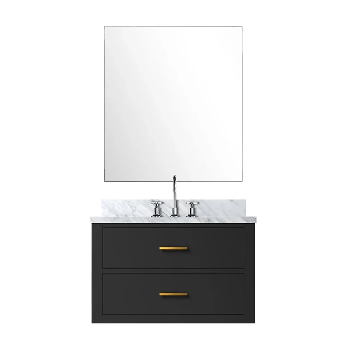 Castor 30 in W x 22 in D Black Single Bath Vanity Carrara Marble Countertop, 28 in Mirror and Faucet Set