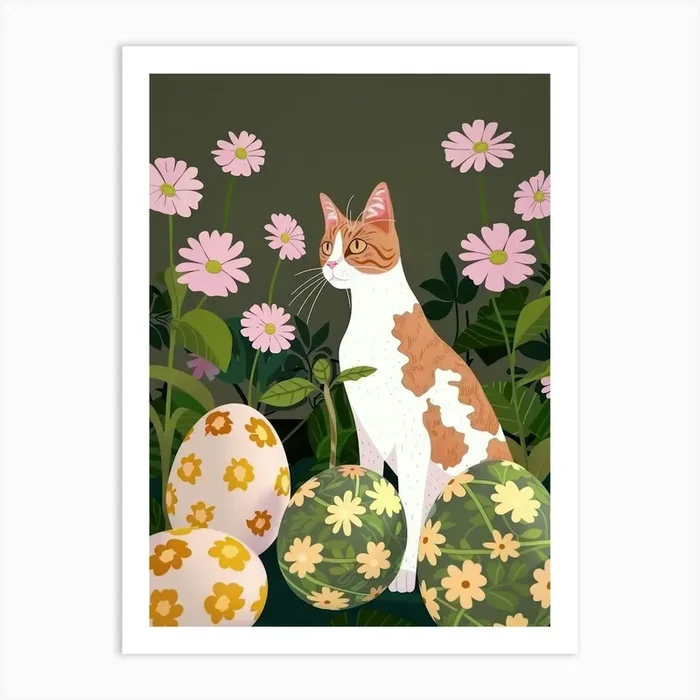 Cat And Easter Eggs 2 Art Print by Purrfect Plates