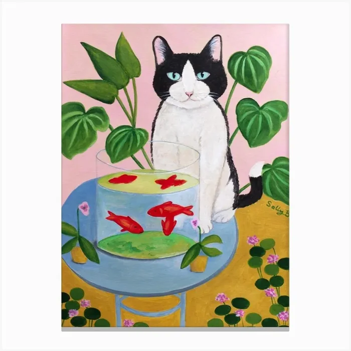 Cat And Goldfishes Canvas Print by Sally B