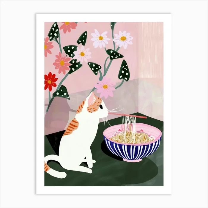 Cat And Ramen 1 Art Print by Purrfect Plates