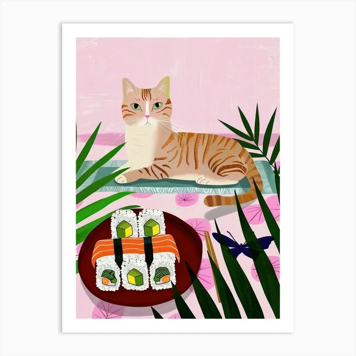 Cat And Sushi 1 Art Print by Purrfect Plates
