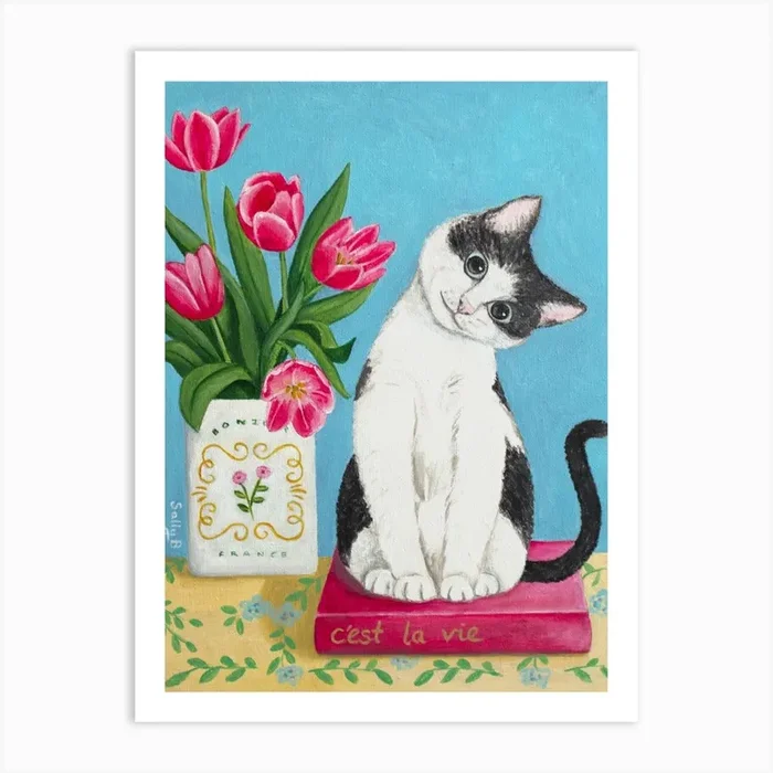 Cat, Book And Tulip Art Print by Sally B