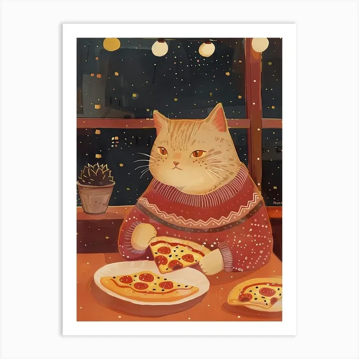 Cat In A Sweater Pizza Lover Folk Illustration 1 Art Print by Purrfect Plates