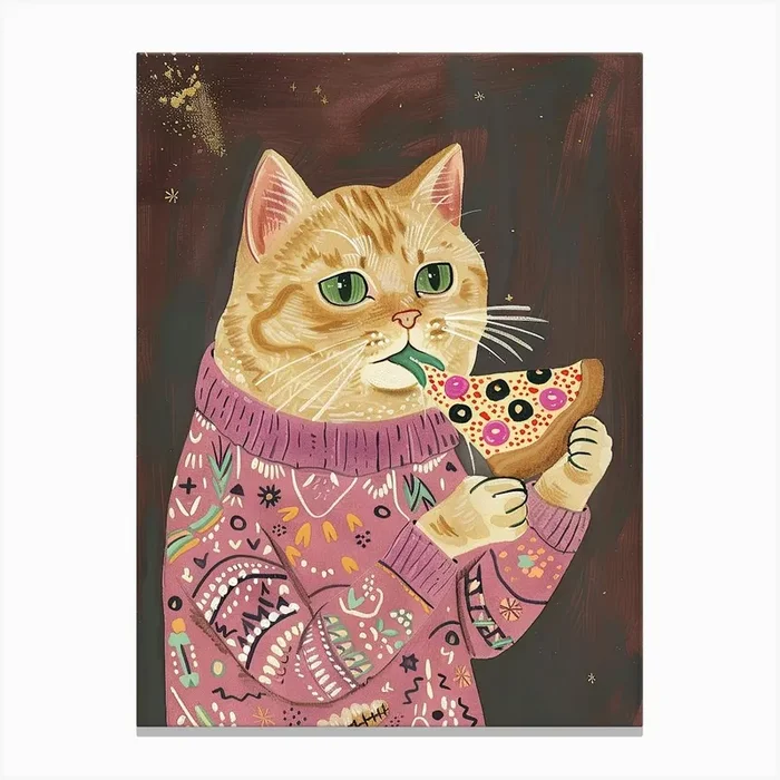 Cat In A Sweater Pizza Lover Folk Illustration 5 Canvas Print by Purrfect Plates