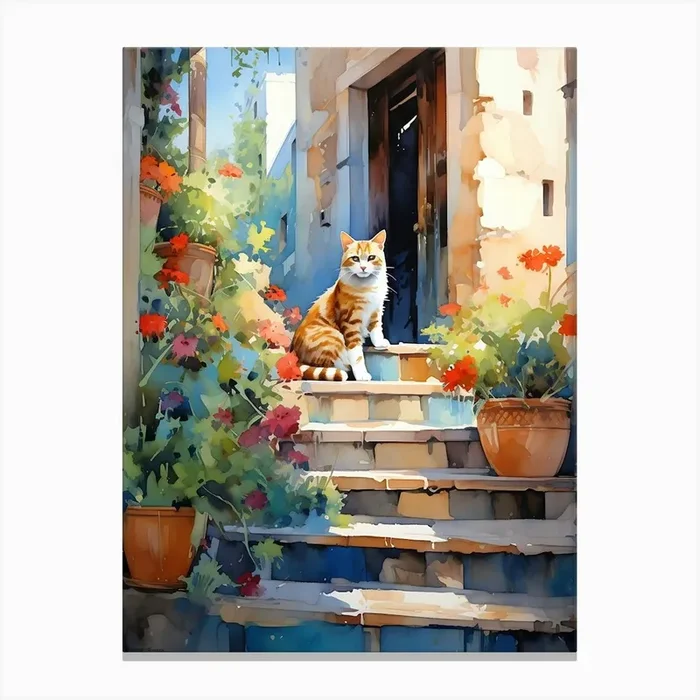 Cat On The Steps Italian Countryside Canvas Print by Artsy Bessy