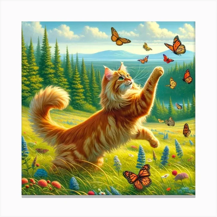 Cat Playing With Butterflies Canvas Print by Synthetica Creations