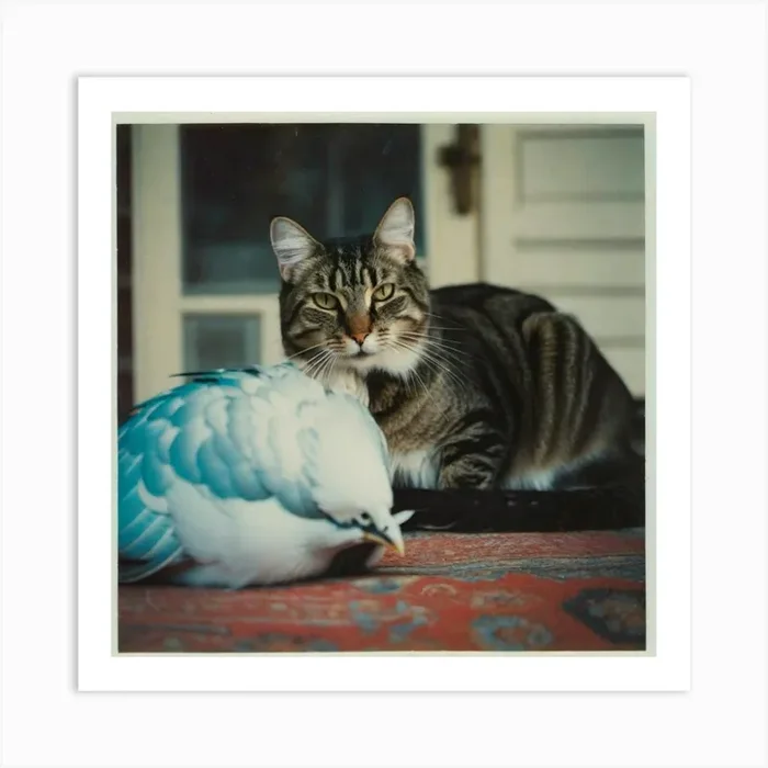 Cat with blue bird Art Print by ZCOGRAPHICS