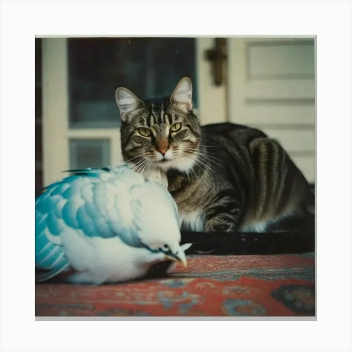 Cat with blue bird Canvas Print by ZCOGRAPHICS