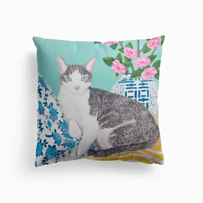 Cat With Cushions And Chinoiserie Vase Cushion by Sally B