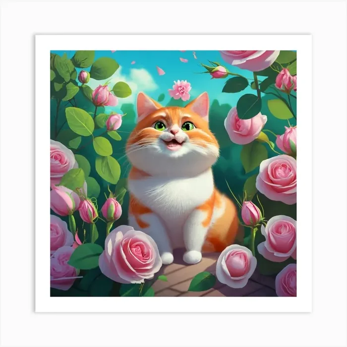 Cat With Roses Art Print by God Gallery