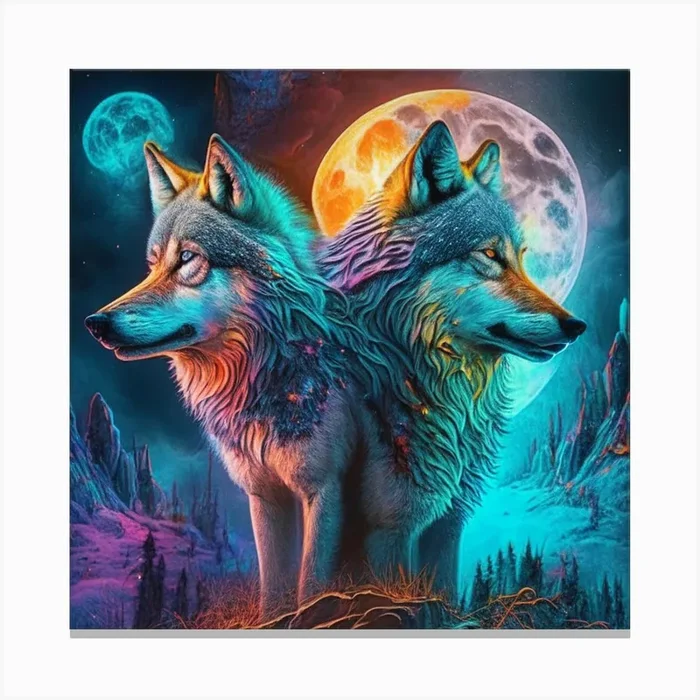 产品名称中包含顶级域名,检查并适当处理后再继续! Two Wolves In Front Of The Moon 2 Canvas PrintK by K.ES.Fosters.Enterprises