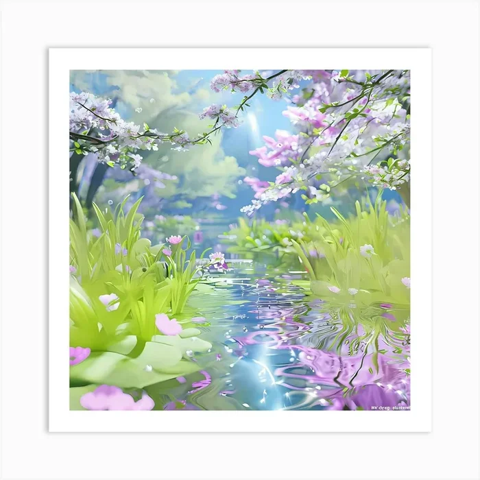 Cherry Blossom in A Serene Pond at Springtime Art Print by Vinzlim