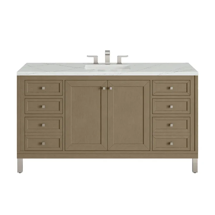 Chicago 60 ” Single Vanity, Walnut Whisper, w/ 3 CM Ethereal Noctis Silestone Top w/ FreePower Wireless Charger