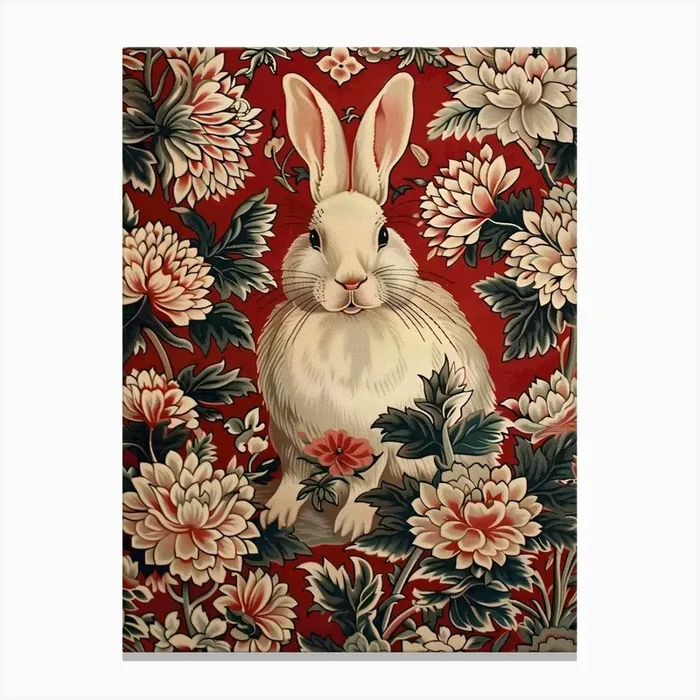 Chinese Lunar Year Of The Rabbit White 1 Full William Morris Style Canvas Print by Mambo