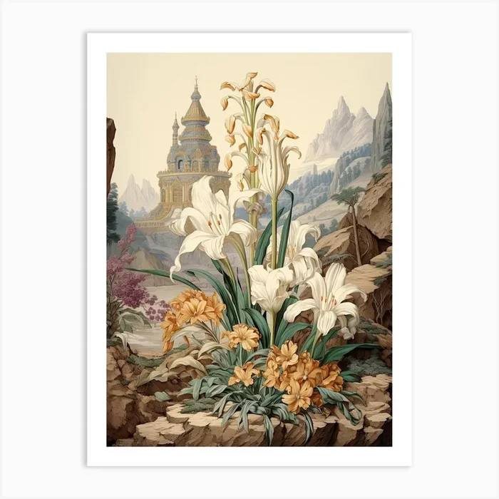 Chinese Sacred Lily Flower Victorian Style 0 Art Print by Whimsical Meadows
