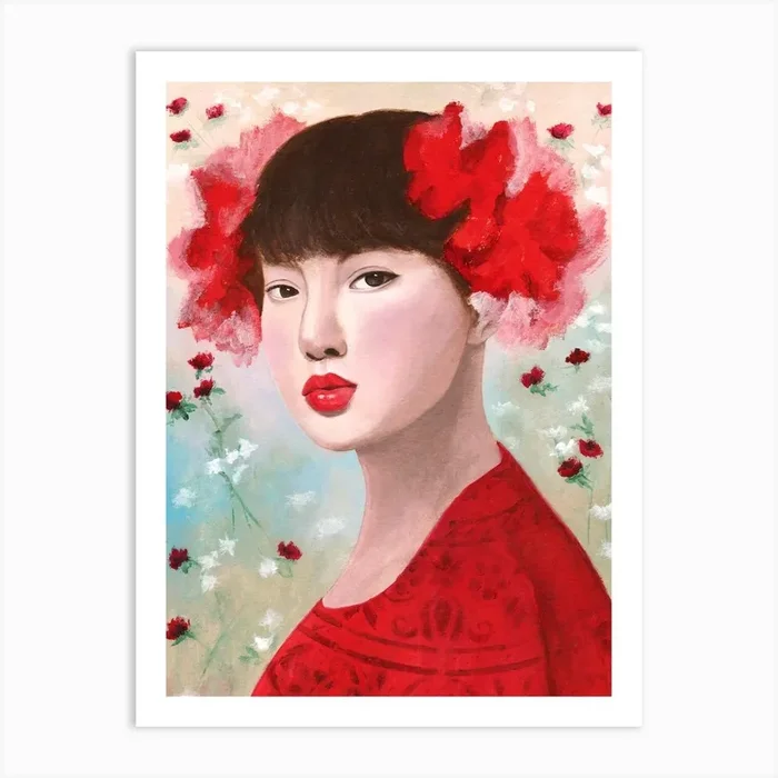 Chinese Woman With Red Flowers Art Print by Sally B
