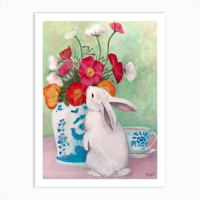 Chinoiserie Rabbit And Anemones Art Print by Sally B