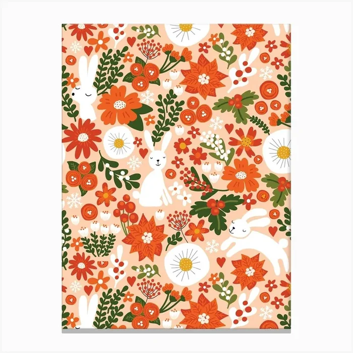 Christmas Bunnies and Botanicals Red and Green Winter Florals and Rabbits Canvas Print by Sandra Hutter Designs