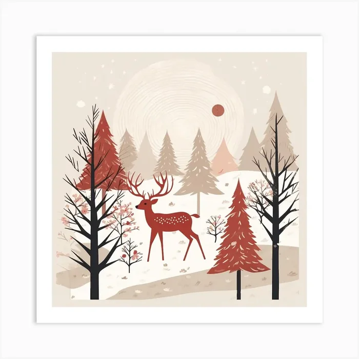 Christmas Deer In The Forest Art Print by David Arts