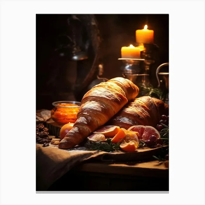 Christmas With Croissants And Fruit Canvas PrintL by Liberta