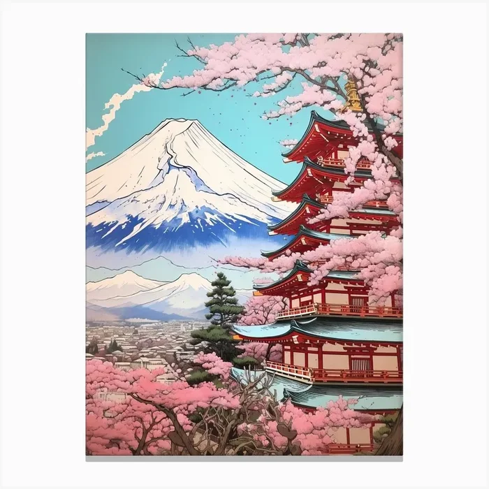 Chureito Pagoda In Yamanashi, Ukiyo E Drawing 1 Canvas Print by Ukiyo-e Wonders