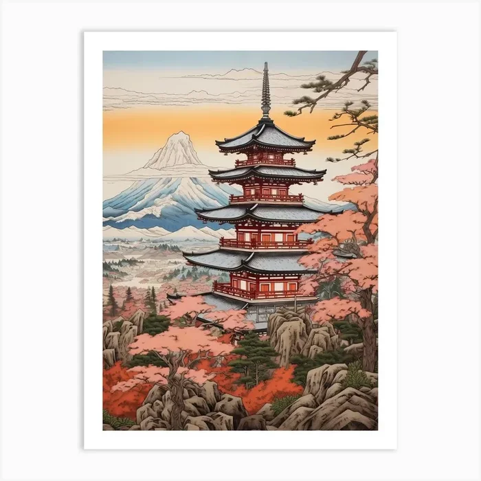 Chureito Pagoda In Yamanashi, Ukiyo E Drawing 3 Art Print by Ukiyo-e Wonders