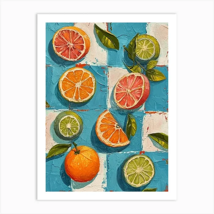 Citrus Fruit Blue Checkerboard 2 Art Print by Artful Appetite
