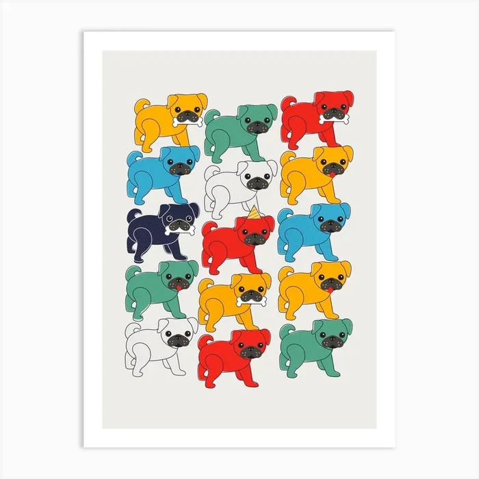 Colorful Pugs Art Print by showmemars
