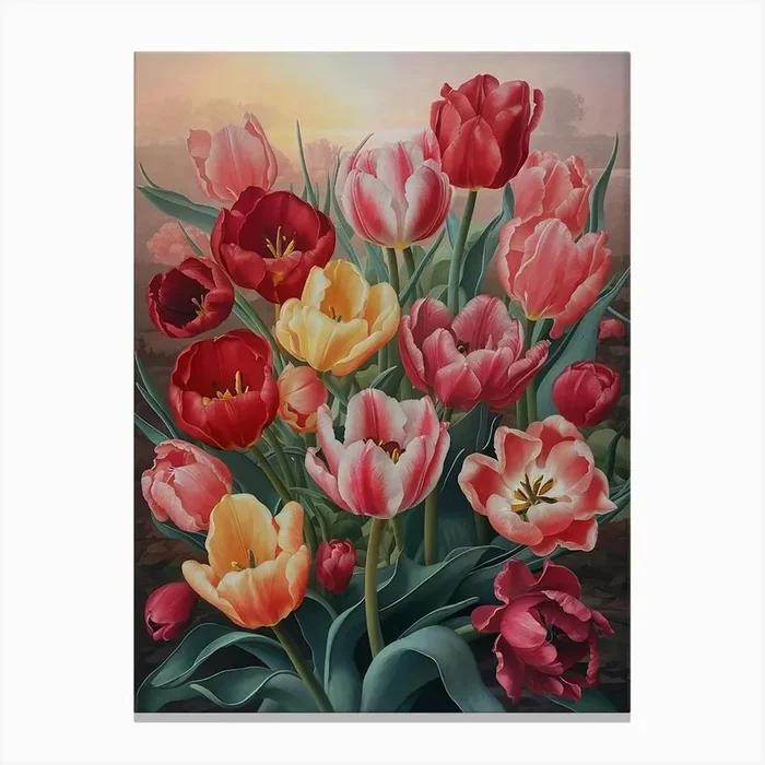 Colorful Tulips Red Yellow in Oil Paint style Canvas Print by Little Big Rainbow