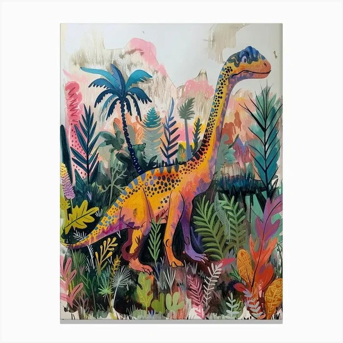 Colourful Dinosaur In The Landscape Painting 1 Canvas Print by Dino Delights