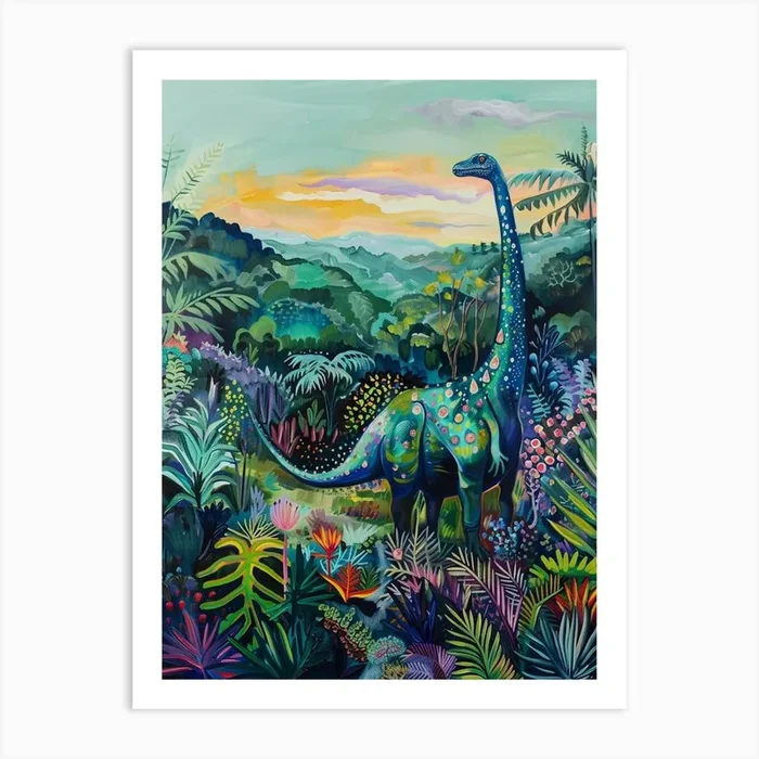 Colourful Dinosaur In The Leaves 1 Art Print by Dino Delights