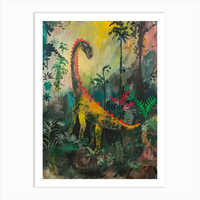 Colourful Dinosaur In The Leaves Painting 3 Art Print by Dino Delights