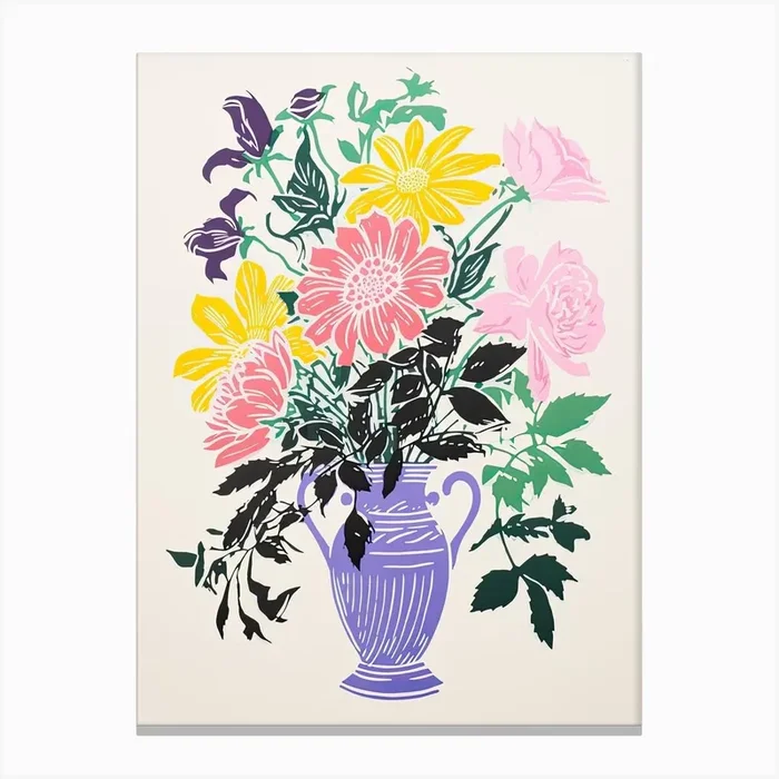 Colourful Flower Still Life Risograph Style 26 Canvas Print by Vintage Ink