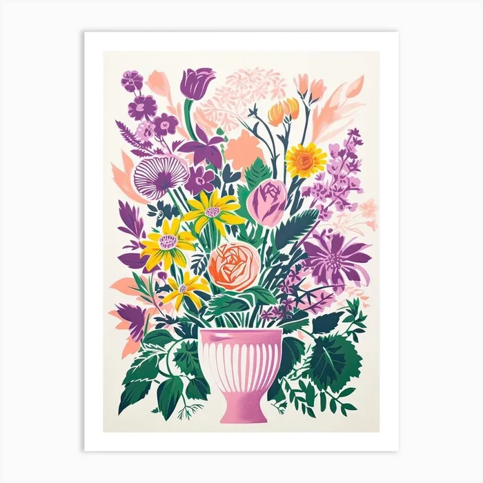 Colourful Flower Still Life Risograph Style 8 Art Print by Vintage Ink